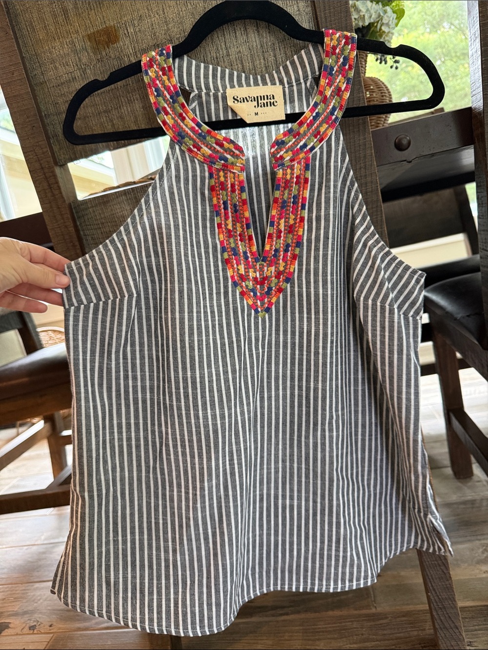 Savanna Jane Gray and White Striped Tank with Colorful Embroidered V-Neck